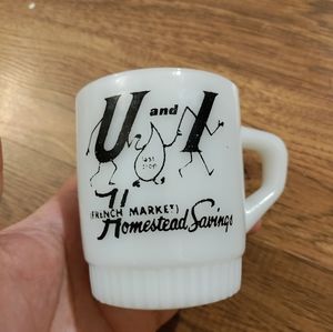 VINTAGE 1970s FRENCH MARKET HOMESTEAD SAVINGS BANK COFFEE MUG FIRE KING USA MADE